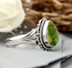 Handmade Green Turquoise Ring 925 Sterling Silver Boho Gemstone Jewelry