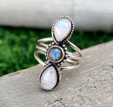 Three Stone 925 Sterling Silver Ring Handmade Boho Jewelry