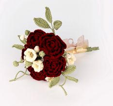 Deep Red Crochet Rose Corsage With Blossoms