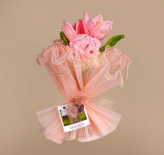 Soft Pink Crochet Tulip Bouquet With Tulle