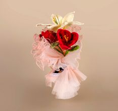 Cream Lily and Red Blossoms Crochet Bouquet