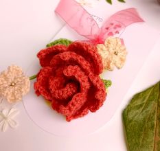 Handmade Coral Crochet Rose With Ivory Accent