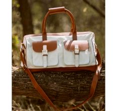 Vintage Beige And Brown Vegan Leather Duffle Bag