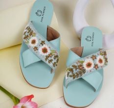 Turquoise Cross Over Slip Adorned with Daisies