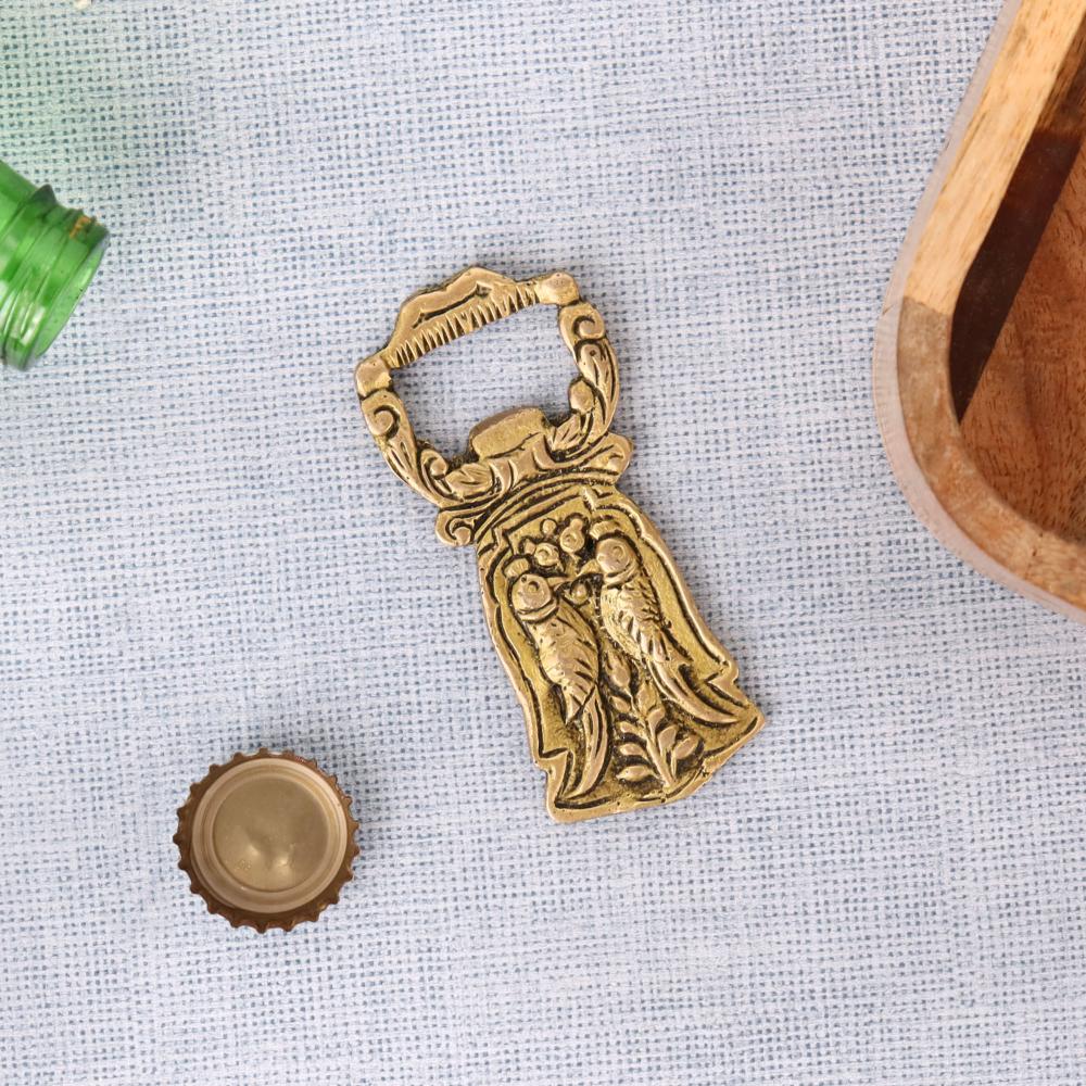 Brass Bottle Opener With Two Parrots Engraved Design