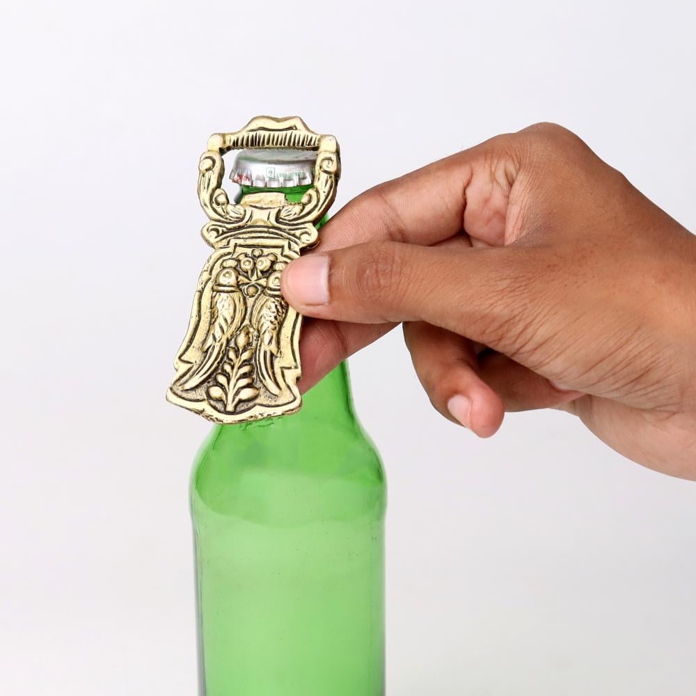Brass Bottle Opener With Two Parrots Engraved Design