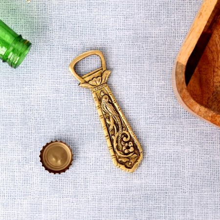 Brass Bottle Opener With Parrot & Flowers Engraved
