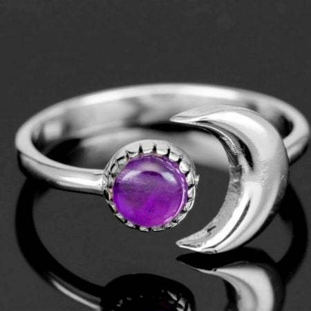 Dainty Amethyst Crescent Moon Ring 925 Sterling Silver Handmade For Women