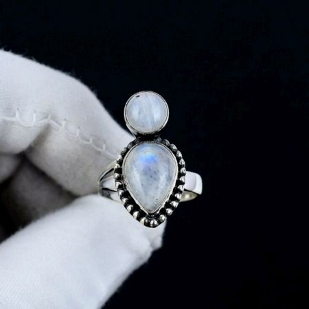 Two Moonstone 925 Sterling Silver Ring Handmade Boho Jewelry