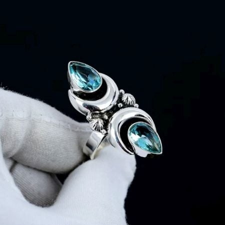 Blue Topaz Crescent Moon 925 Sterling Silver Ring Handmade Boho Jewelry