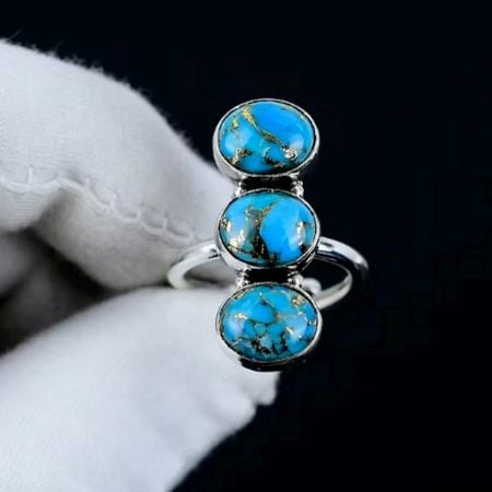 Blue Copper Turquoise 925 Sterling Silver Ring Handmade Boho Jewelry