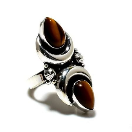 Tiger Eye Moon 925 Sterling Silver Ring Handmade Boho Jewelry