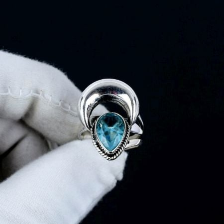Blue Topaz Moon 925 Sterling Silver Ring Handmade Boho Jewelry