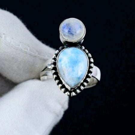 Larimar Moonstone Boho 925 Sterling Silver Ring Handmade Boho Jewelry