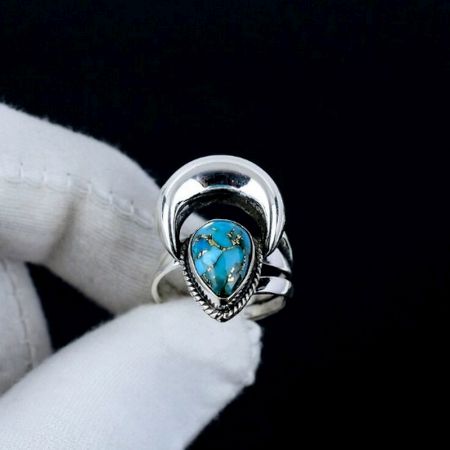 Blue Copper Turquoise Moon 925 Sterling Silver Ring Handmade Boho Jewelry
