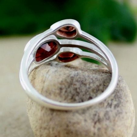 Three Red Garnet 925 Sterling Silver Ring Handmade Boho Jewelry