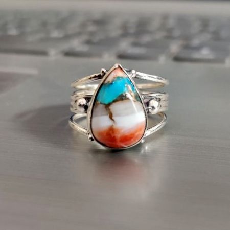 Oyster Copper Turquoise 925 Sterling Silver Ring Handmade Boho Jewelry
