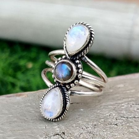 Three Stone 925 Sterling Silver Ring Handmade Boho Jewelry