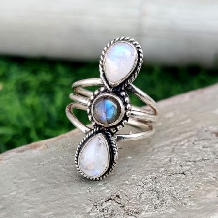 Three Stone 925 Sterling Silver Ring Handmade Boho Jewelry