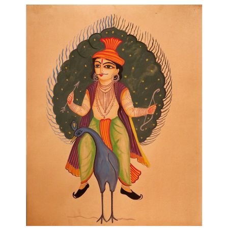 Vintage Kalighat Paper Painting of Hindu God Sitting on Peacock