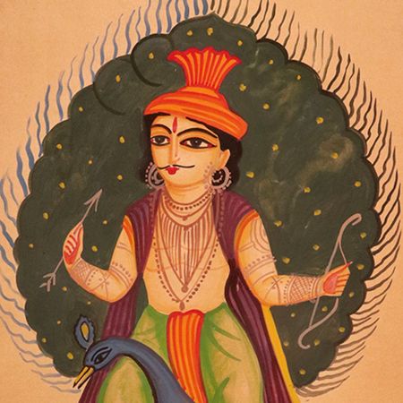 Vintage Kalighat Paper Painting of Hindu God Sitting on Peacock