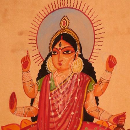 Goddess Lakshmi Sitting on Lotus Flower Kalighat Paper Painting