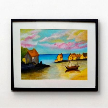 Handpainted Sunny Coastal Village Landscape with Boats