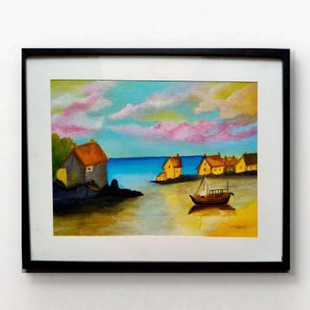 Handpainted Sunny Coastal Village Landscape with Boats