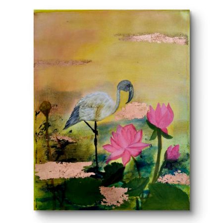 Handpainted Heron Among Pink Lotus Pond Blossoms
