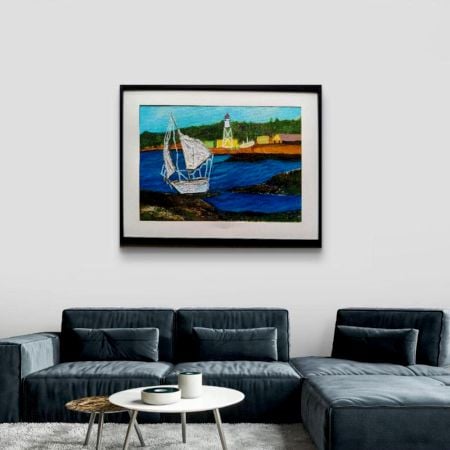 Handpainted Sailboat and Lighthouse Scene with Blue Waters