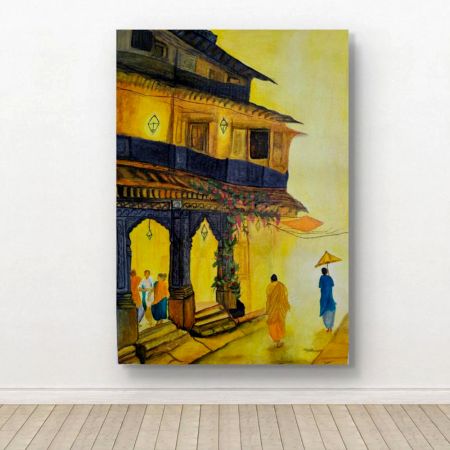 Handpainted Traditional Street Scene with Ornate Wooden House