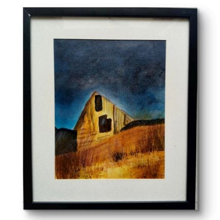 Handpainted Rustic Barn at Dusk over Golden Field