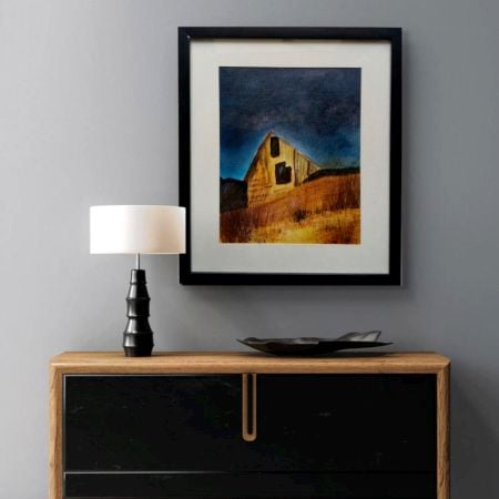 Handpainted Rustic Barn at Dusk over Golden Field
