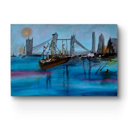 Handpainted City Harbor with Bridge and Sailing Boats