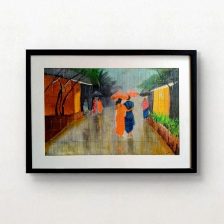Handpainted Rainy Street Stroll with Colorful Umbrellas