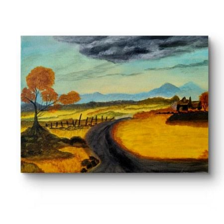 Handpainted Winding Country Road Through Golden Fields