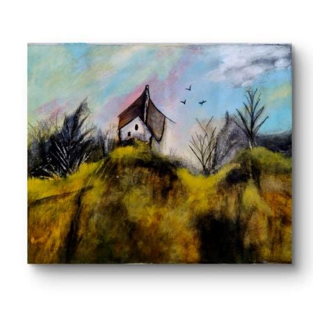 Handpainted Hilltop House with Birds and Autumn Trees