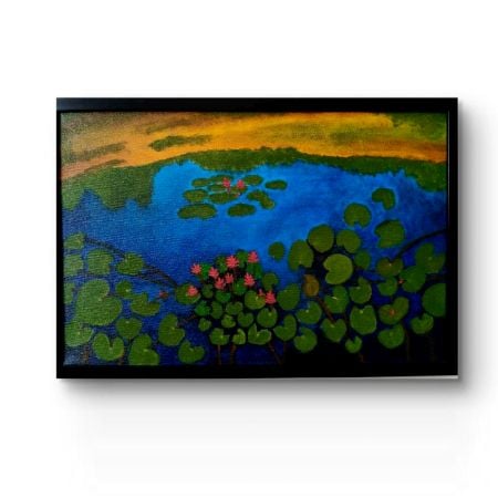 Handpainted Tranquil Lily Pond with Blooming Water Lilies