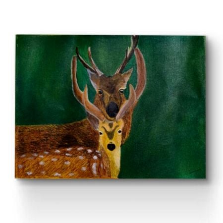 Handpainted Majestic Deer Pair Against Deep Green Background