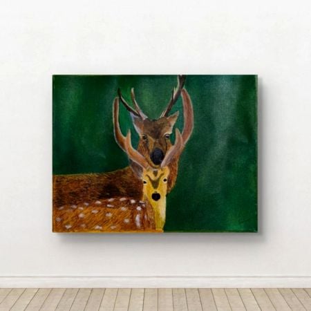 Handpainted Majestic Deer Pair Against Deep Green Background