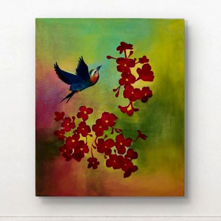 Handpainted Blue Bird with Vibrant Red Flower Clusters