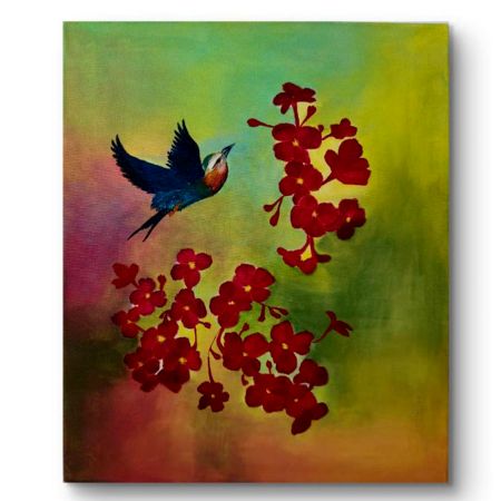 Handpainted Blue Bird with Vibrant Red Flower Clusters