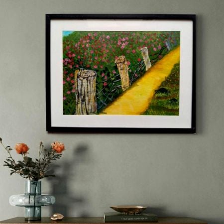 Handpainted Rustic Fence Lined Path with Blooming Flowers