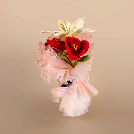 Cream Lily and Red Blossoms Crochet Bouquet