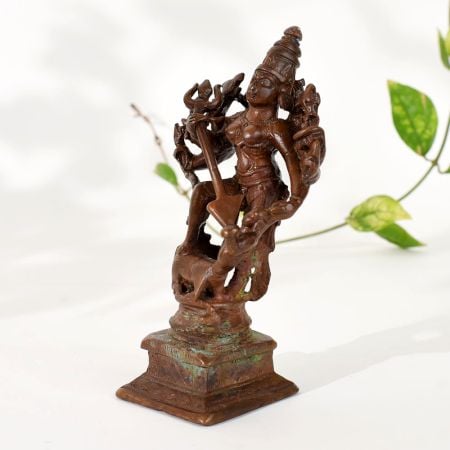 Vintage Copper Goddess Durga Slaying Demon Figurine