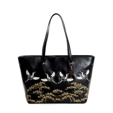 Black Tote Adorned With Golden Floral Bird Embroidery