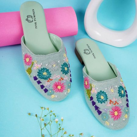 Handmade Soft Pastel Handmade Floral Mules for Women