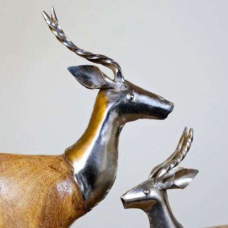Wooden Metal Deer Sculpture Painted Natural Pair Of 2