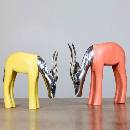 Boho Antelope Sculpture Wood Metal African Artwork Pair of 2