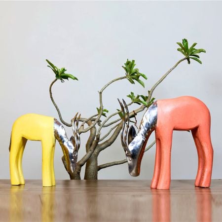 Boho Antelope Sculpture Wood Metal African Artwork Pair of 2